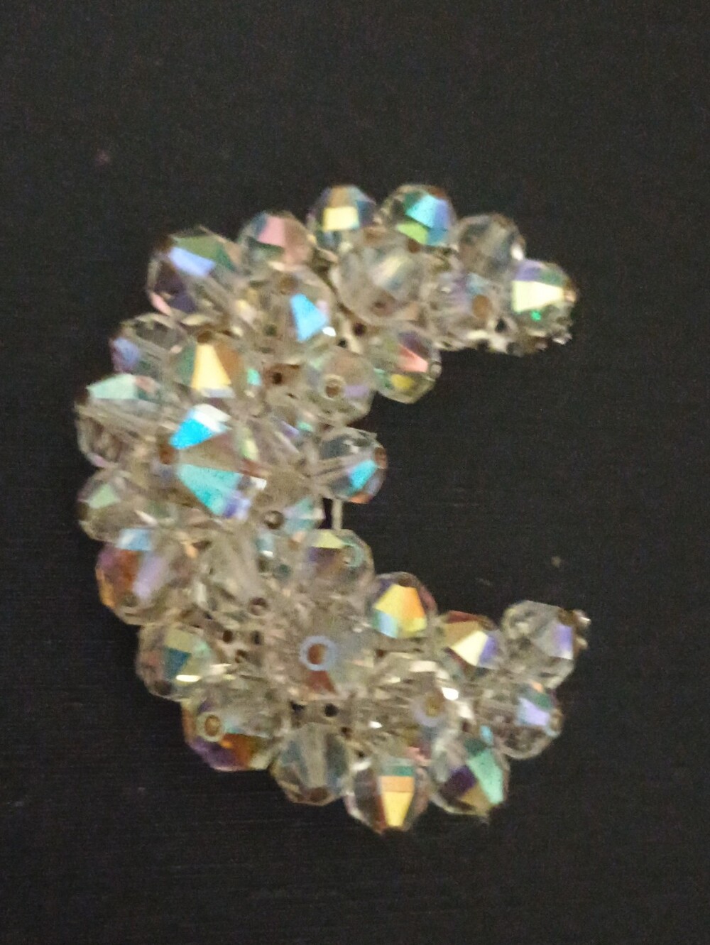 Vintage Aurora Crystal Crescent Brooch - Clear Iridescent